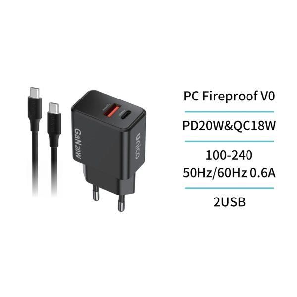 CARG. DUAL USB-C.CABLE.20W NEG UNICO