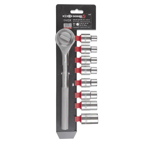 JUEGO 8 UD. VASO HEX.+CARRACA 1/2 INOX