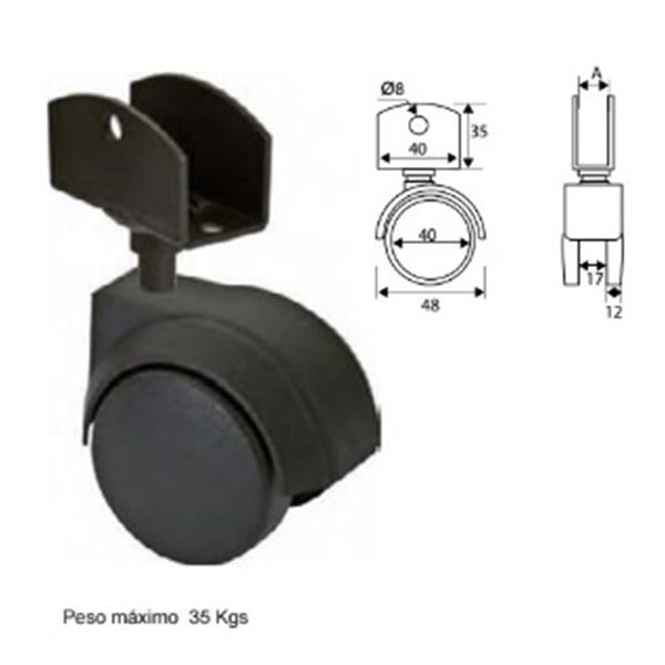 RUEDA NEGRA MUEBLE COSTADO 19mm